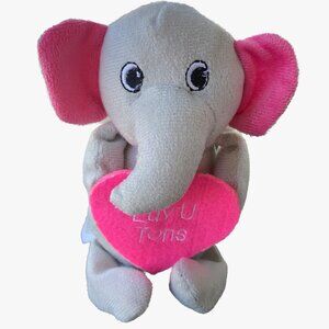Greenbrier Grey Elephant Holding Pink Heart Says "Luv U Tons" Pink Inside Ears 6